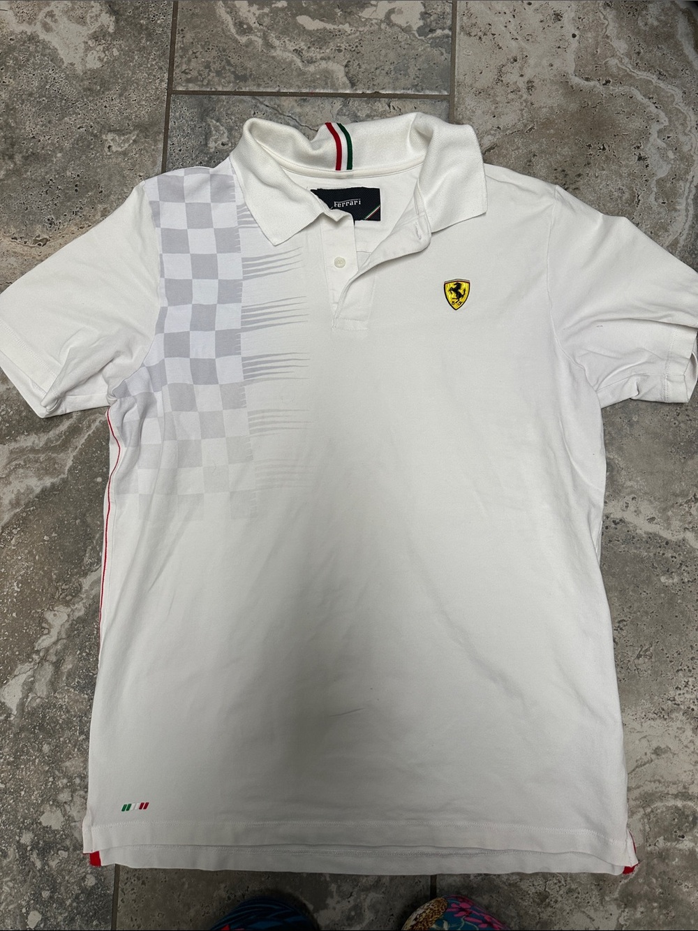 Ferrari White Polo Shirt with Checkered Panel and Shield Patch
